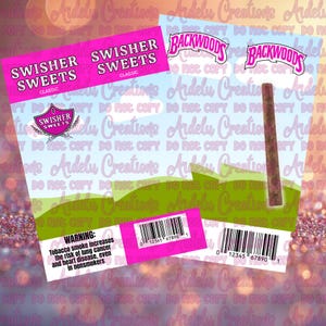 May include: A graphic design featuring the text "SWISHER SWEETS" and "BACKWOODS" on a pink and white background. A brown cigar is also visible. The image includes a warning about tobacco use.