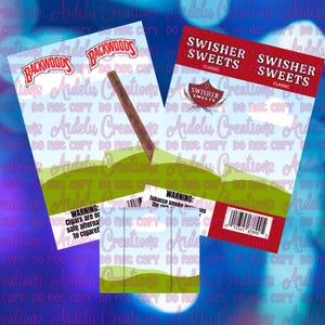May include: An image featuring several product packages. The packages include the brands "Backwoods" and "Swisher Sweets". The packages have a sky and grass design. Warning labels are visible on some packages.