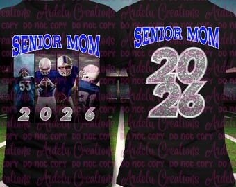 Modelo de camisa Senior Mom 2026: Design de futebol com glitter prateado (download digital editável do Canva)