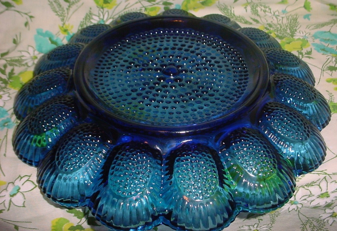 Vintage Cobalt Blue Glass Hobnail Deviled Egg Plate 11 inch Etsy
