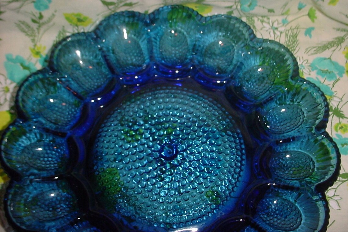 Vintage Cobalt Blue Glass Hobnail Deviled Egg Plate 11 inch Etsy