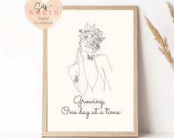 Growing self love line art print | affirmation wall art| Inspirational art | | Feminist Art |Mental Health Art | Self love print|