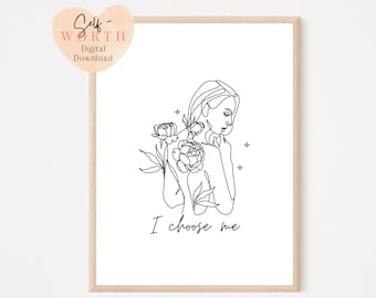 love yourself line art, self love print, mental health print, positive affirmation prints, female line art, inspirational art,