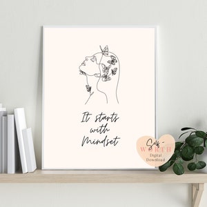 May include: A black and white line drawing of a woman's face with butterflies around her head. The text "It starts with Mindset" is below the drawing. The image is on a white background.