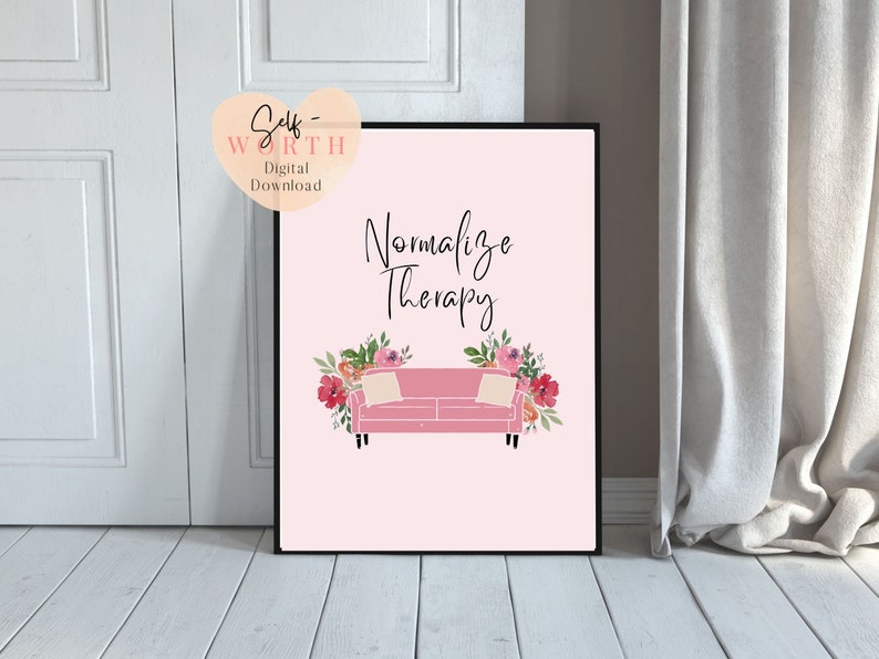 May include: Pink printable art print with the text "Normalize Therapy" in black script font. A pink couch with a white pillow is in front of the text. The couch is surrounded by pink and white watercolor flowers. The background is a light pink color.