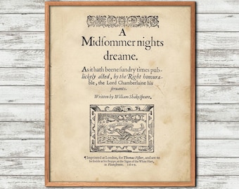 Midsummer Nights, Dream Quote, Shakespeare, Literary Home Decor, vintage book page, classic literature, literary wall art, dark