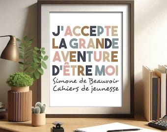 Simone de Beauvoir, j accepte la grande, Literary Wall Art, Printable Poster, Inspirational Decor, Book Lover Gift, Colorful Wall Art, Autho