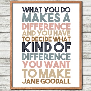 Jane Goodall, Was du tust, bewirkt etwas, Druckbare Wandbilder, Weisheitszitate, Inspirierendes Zitat, Dankesworte, Wandbilder fürs Büro, Kabinenbilder