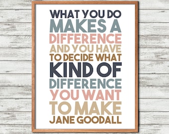 Jane Goodall, What you do, makes a difference, Printable Wall Art, Wisdom Quotes, Inspirational quote, Thanks Words, Office Wall Art, Cubicl