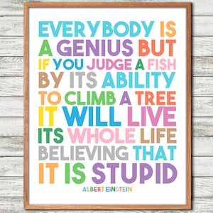 Iedereen is, een genie, citaat van Albert Einstein, klasdecor, inspirerend citaat, kantoordecor, kinderkamerdecor, motiverende speelkamer