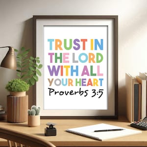 Confía en el Señor con todo tu corazón, Proverbios 3 5 6, Arte de pared cristiano, Cita cristiana, Póster minimalista, Versículo bíblico, Decoración del hogar, Tre