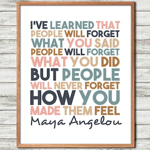 Maya Angelou Quote, Maya Angelou, Wall Art, Poem, I ve learned that, people will forget, what you said, Maya Angelou print, Printable, Maya