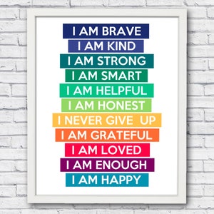 I Am Brave I Am Kind Print, Affirmation Wall Art For Kids, Colorful Nursery Wall Art, Playroom Decor Printable, Affirmations Digital Print