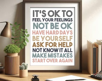 It s Okay to, Not be Okay, Printable Poster, Motivational Kids, Colorful Wall Art, Neutral Colors Decor, Digital Download, Classroom Posters