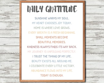 Daily Gratitude Print, Gratitude Wall Art, Positive Mindset Poster, Self Care Decor, Printable Affirmation Art, Gift for Her