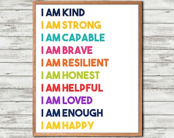 Positive Affirmation, for Kids print, Mindfulness poster, kids wall art, affirmation deck, self confidence, printable wall art, kids poster