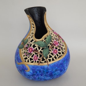 carved gourd art, apple blossoms on carved filigree, fine art gift, gifts for her, delicate carvings, special occasion gifts, gardener gift