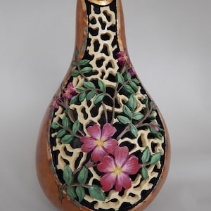carved gourds, beautiful gourd art, hand carved, home decor, unique office decor, gardener gift, hand painted, carved flowers, flower garden