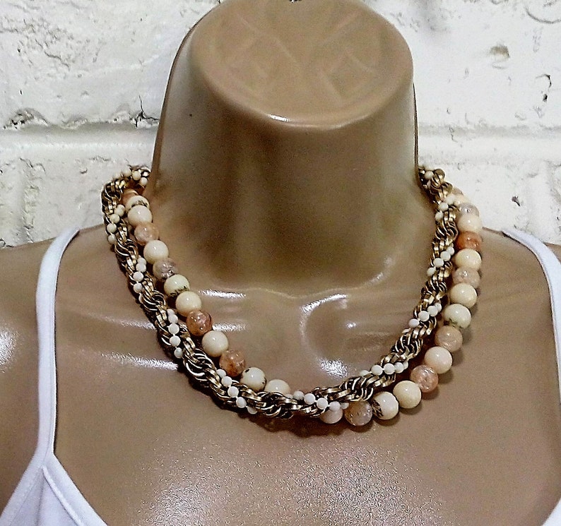 Vintage 1950-60/'s Double Strand Cream /& Gold Chain Bead Necklace
