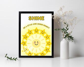 DIGITAL A4 PRINTOUT | Happy Sun and stars room decor | Positive phrase | Empowering quote | A4 framed art | Printable from home