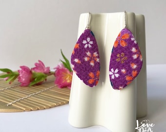 Chirimen - Purple - Irregular shaped - Earrings - Sterling silver - Jewellery - Handmade - Japanese style gift - Light to wear - Gift for he