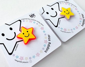 Happy star pin badges | Recycled acrylic | Inspired by Origami Lucky stars | Motivational gift | Anxiety buddy