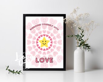 LOVE print digital printouts | Smiley heart room decor | Positive phrase | Empowering quote | A4 framed art | Printable from home