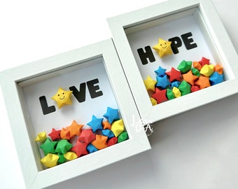 LOVE and HOPE |  Big Happy star | Motivational, affirmation frame | Perfect unique gift | With moving origami lucky stars