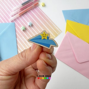 Fold your worries PAPER PLANE brooch card Send those worries away Wooden badge pin Send a gift with your card Brooch lover BFF gift image 2