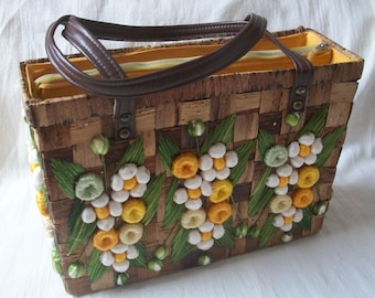 Vintage woven natural fibers briefcase pocketbook leather handle portfolio floral design 1970s
