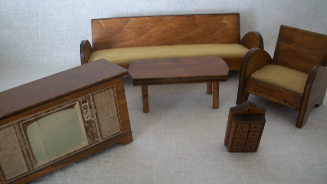 Dollhouse Furniture, Vintage Living Room Couch & Chair, Table, TV, Hall ...