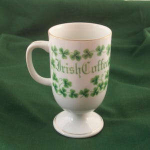 Irish Coffee pedestal mug white, green shamrocks gold trim Irish St. Patrick&#39;s Day, 1970&#39;s
