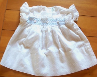 Vintage baby dress white blue dotted Swiss fabric pink flowers ruffled sleeve