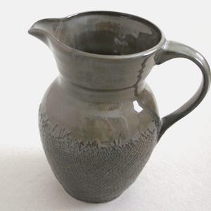 Vintage pottery pitcher by Craft, Gray burlap texture stoneware ceramic