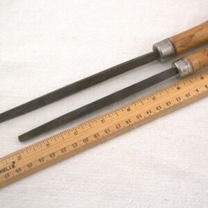 Vintage steel files triangular 3-sided wooden handles, set of 2, 12", 9-1/2"