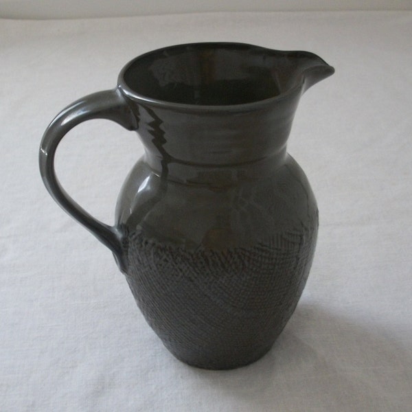 Pottery pitcher by Craft, Gray, burlap texture, stoneware, ceramic, vintage