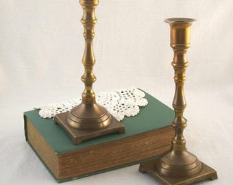 Brass candlestick holders set of 2, 8-inch square footed base wedding centerpiece dinner table