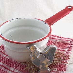 Vintage Enamelware pan red white double boiler handle chippy farmhouse 1950s