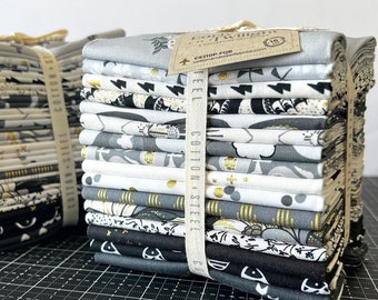 Early Twilight Fat Quarter Bundle from Cotton and Steel, 16 Fat Quarters Quilters Bundle, Black Gray Cream White Metallic Fabric