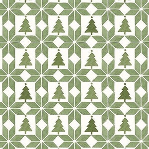 May include: A repeating pattern of green Christmas trees and star-shaped designs on a white background. The fabric has a watercolor effect. The image includes a ruler with inches and the text "Riley Blake Designs".