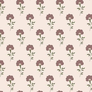 May include: A repeating pattern of maroon flowers with green stems and leaves on a light beige background. The flowers are evenly spaced and arranged in a grid-like fashion. The fabric is from Riley Blake Designs.