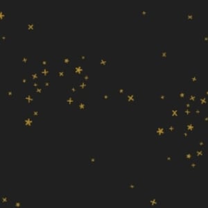 May include: Black fabric with a scattered pattern of gold stars and plus signs.
