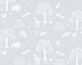 Woodland Scene in Blue, Bear Deer Fox Squirrels Trees, Mist Woodland Story, Dear Stella, Forest Dreams, Baby Quilt Fabric, Quilting Cotton