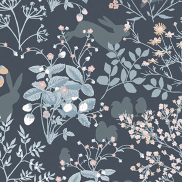Blush and Blue Botanical Florals on Dark Slate, Foraging Fauna from Mindscape by Katarina Roccella for Art Gallery Fabrics, Quilting Cotton