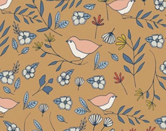 Lovebirds Amber fabric by Maureen Cracknell for Art Gallery, Birds and Wildflowers, 100% Quilting cotton, Fabric Yardage, Baby Quilt Fabric
