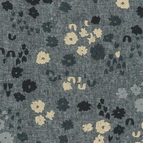 Gray Cream and Black Wildflowers Essex Linen, AFH-21884-2, Riverbend by Anna Graham of Noodlehead for Robert Kaufman Fabrics, Linen/Cotton