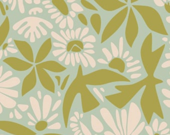 Modern Floral Fabric, Pistachio Evolve by Suzy Quilts for Art Gallery Fabrics, Lime Green Blue Cream Quilting Cotton, Fabric Yardage