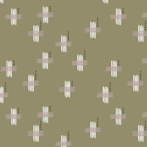 May include: An olive green background with a repeating pattern of white and pink cross-like shapes. Each shape has a series of vertical and horizontal lines, with small black dots. The design is simple and geometric.