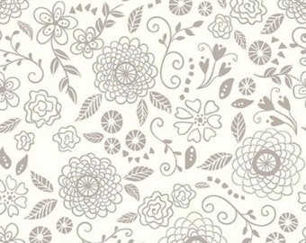 Gray and Cream Flowers and Leaves Fabric, Hush Hush 2 Best Buds by Heather Peterson for Riley Blake Designs, Cotton Fabric Yardage