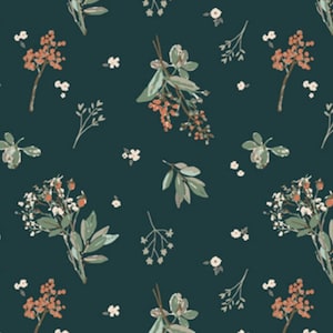May include: A teal fabric with a repeating pattern of white and green floral sprigs with small red berries. The fabric is shown with a ruler for scale.